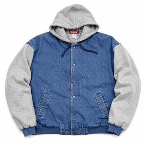 Basic Vintage 90s Hooded Denim Bomber Jacket with Sweatshirt Sleeves